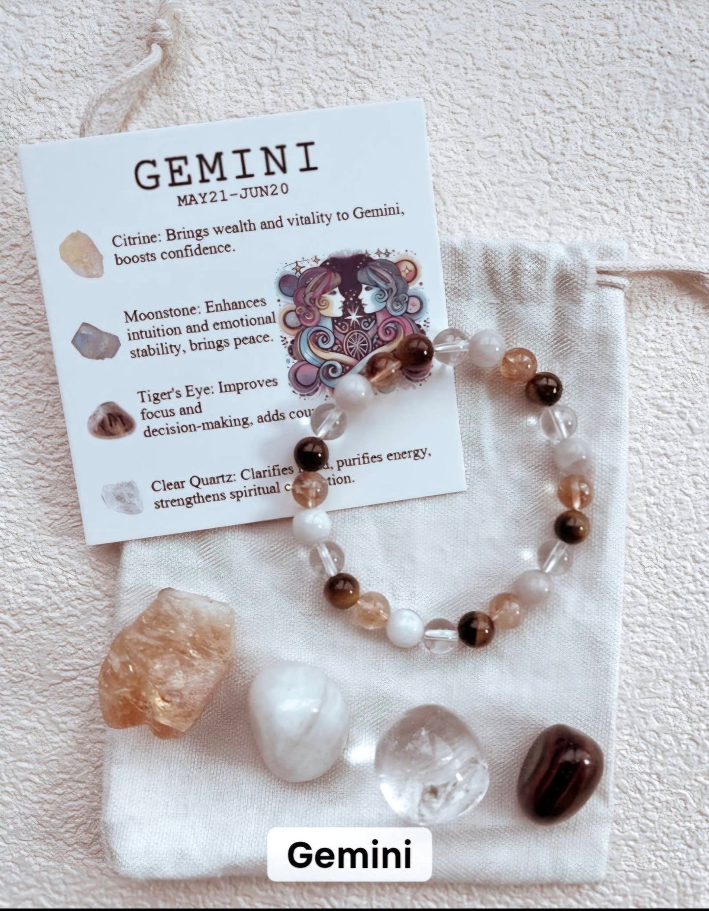 Gemini ( Tvilling ) Birthstone Krystallsett ( 4 stener + armbånd )