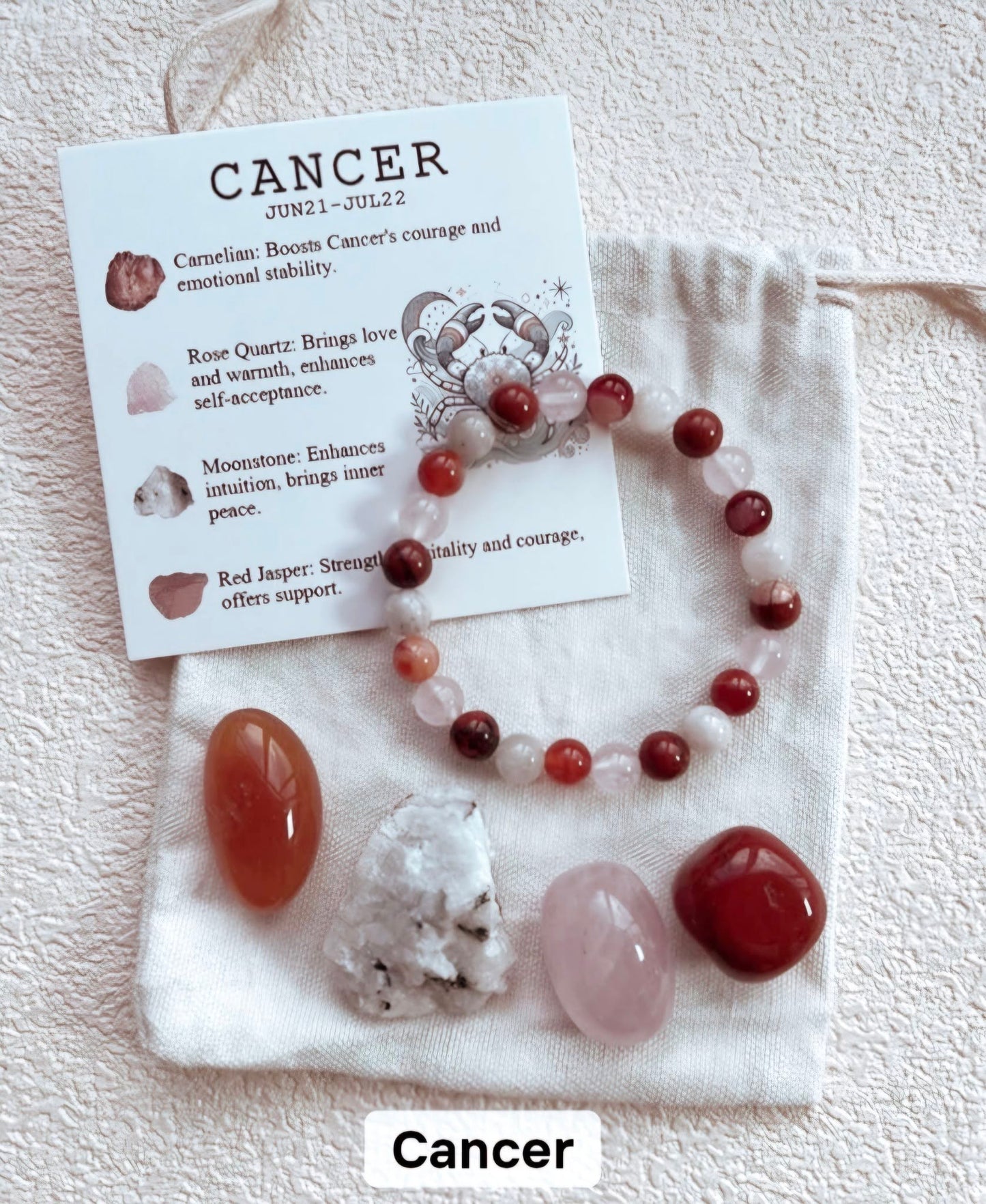 Cancer ( Kreps ) Birthstone Krystallsett ( 4 stener + armbånd )