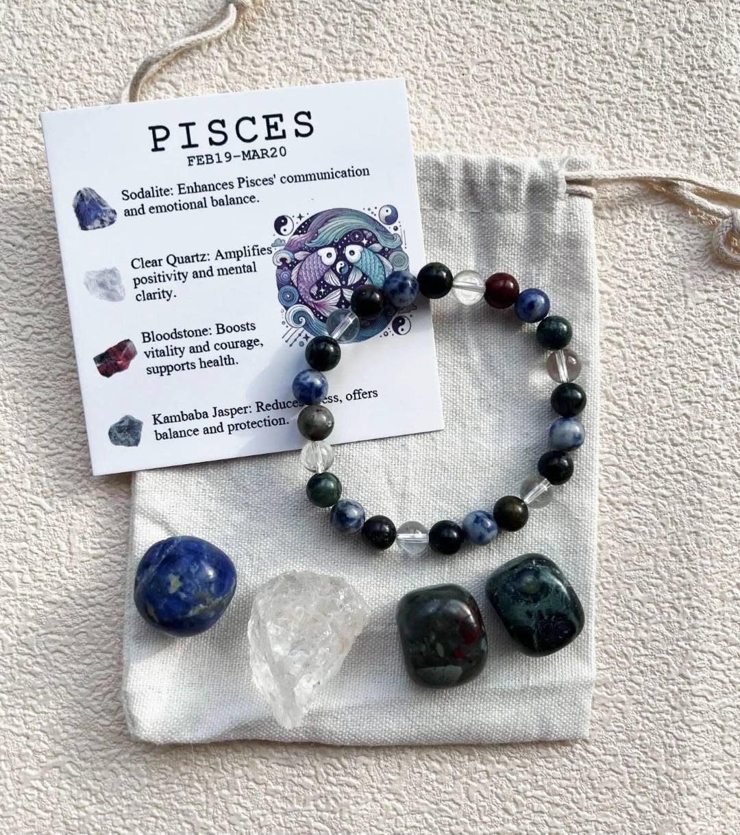 Pisces ( Fisk ) Birthstone Krystallsett ( 4 stener + armbånd )