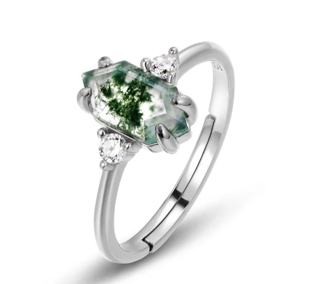 ART DECO / MOSS AGATE CZ Solitaire Ring, Yellow Gold Vermeil ( 925s Silver ), justerbar ( 49, 52, 54 )