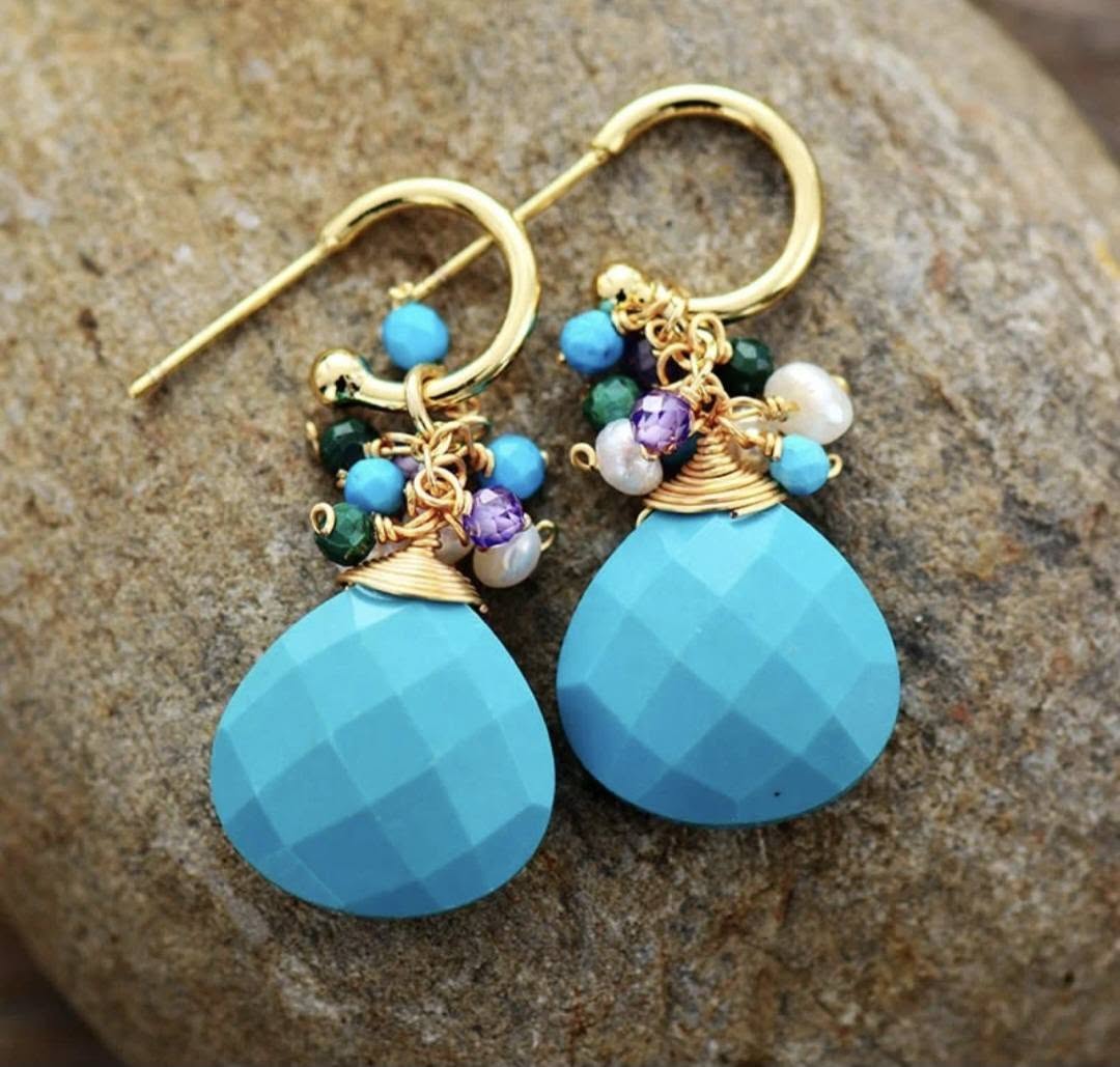 Nye MICCI Classic DESIGN natural Drop Turquise Øredobber m/decor, 30x15mm 24KGold Electroplated