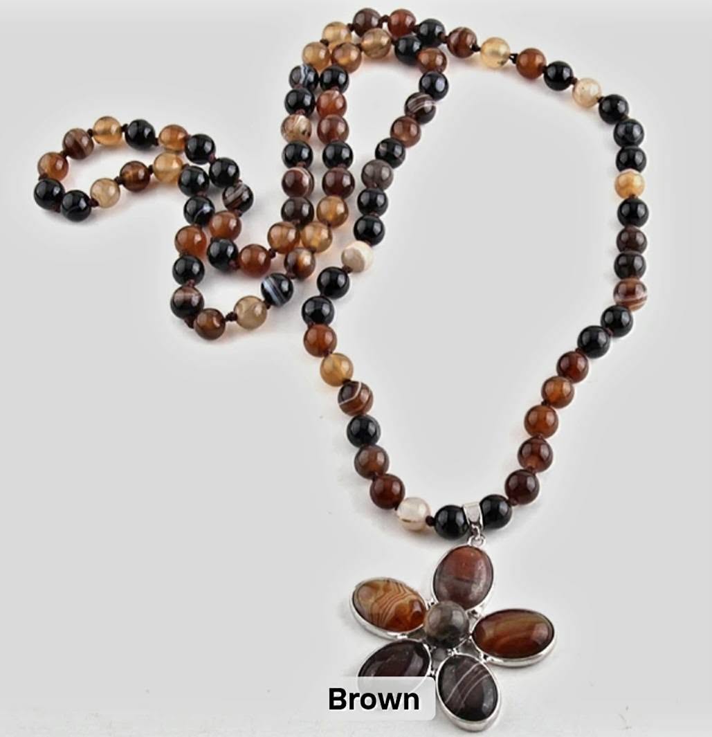 NEW LONG BOHEMIAN AGATE MALAKJEDE ( 80cm ) w/Flower, Brown