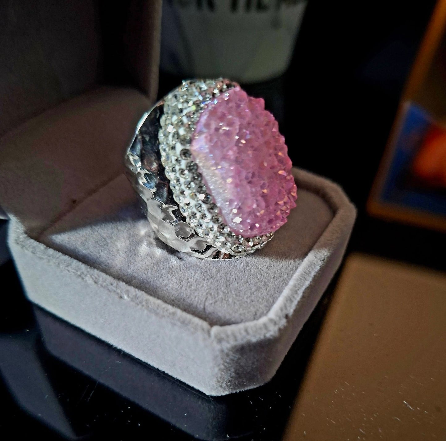Druzy Pink Quartz Ring Silver Electroplated, justerbar