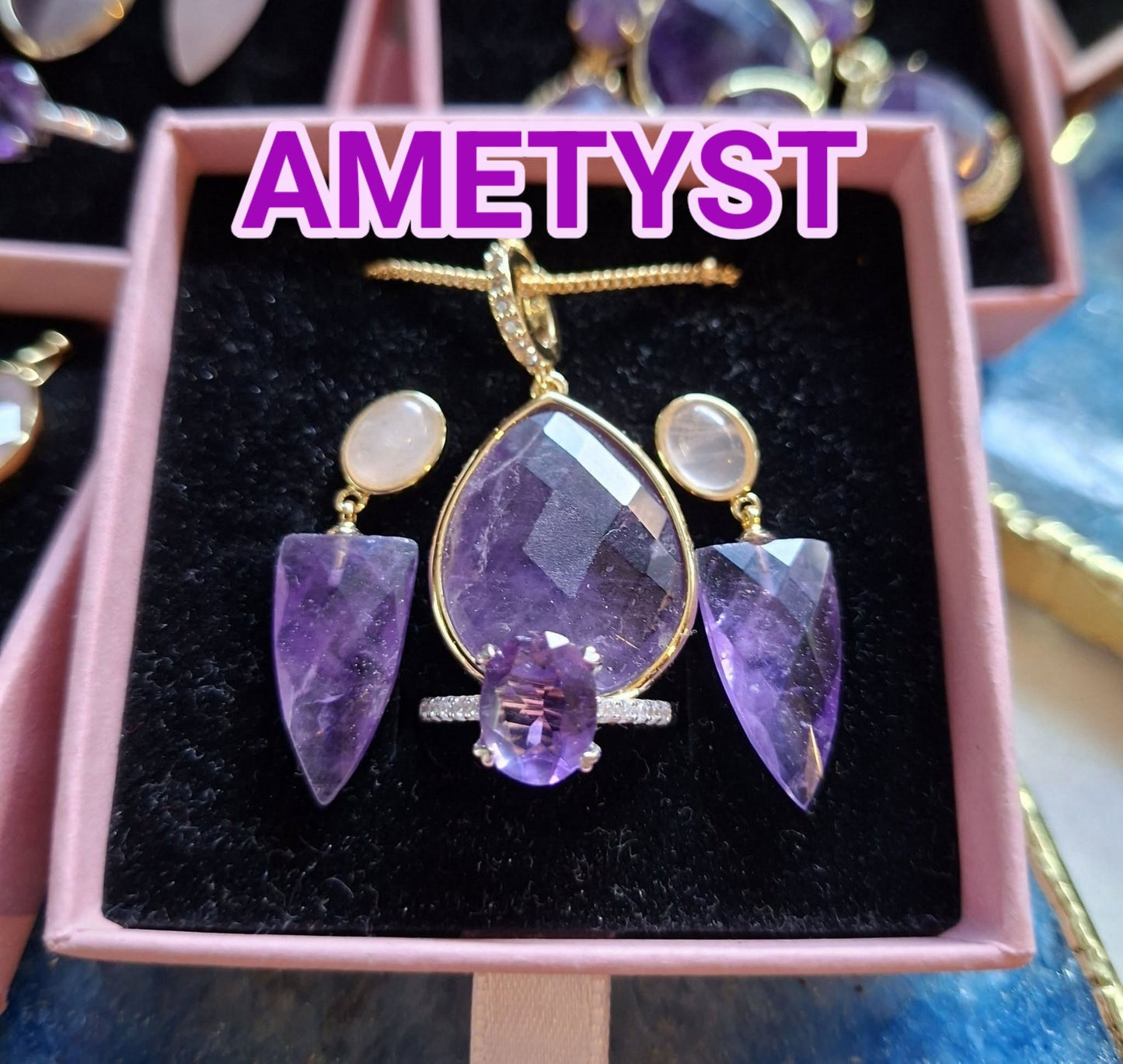 Summersale / AMETYST Smykkesett ( Kjede, 925s Ring, Øredobber )