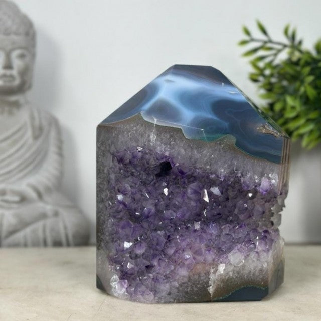 Natural Uruguay Amethyst & Blue Agate Stone Tower AAA+ Quality Geode, 14x12cm, STP0183