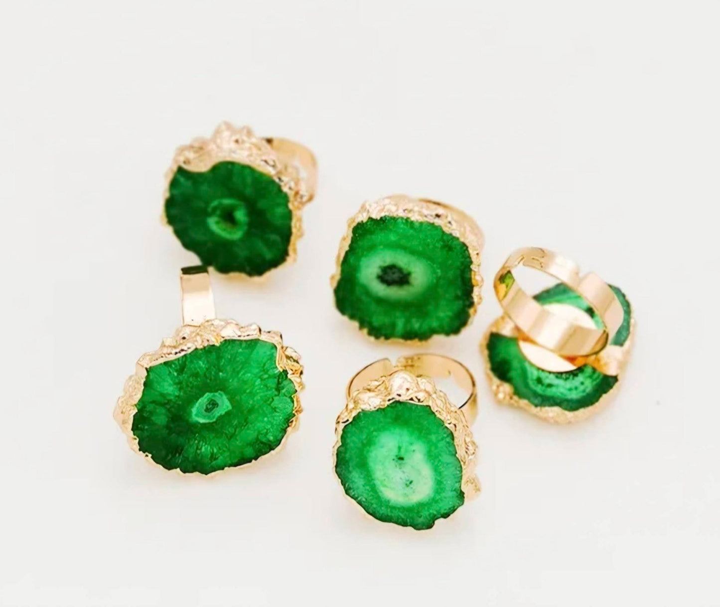 New Green AGATE Solar Quartz Fashion Ring, Justerbar - Gold Electroplated