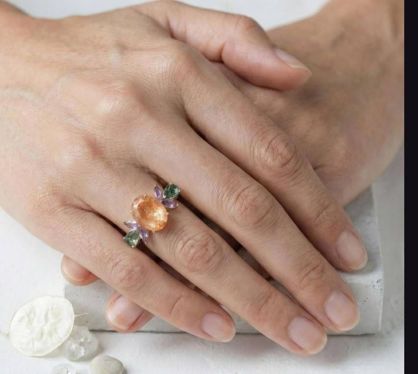 Ny og vakker Art Deco ( 14k Gold over Sterling Silver) Sunstone, Moss Agate & Amethyst Gold Ring Nature Inspired