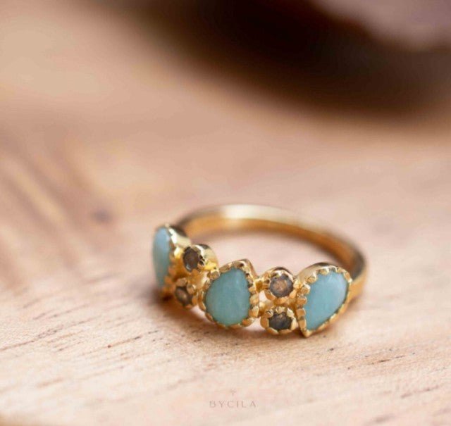 Håndlaget, Designring med Amazonite & Labradorite 18K Gold Electroplated