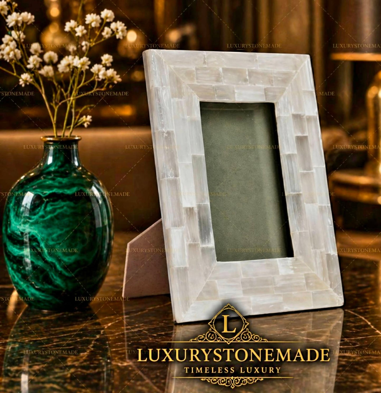 New - handmade Exclusive Picture Frame in natural Selenite Stone, 20x15ramme ( 10x15 Photo)