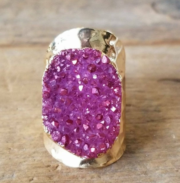 Druzy Pink Agat Design Ring, Gold Electroplated - justerbar