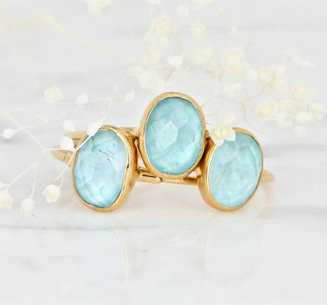 Ny, hÅndlaget rustik RÅ Aquamarin Oval Stone Rosegull Ring