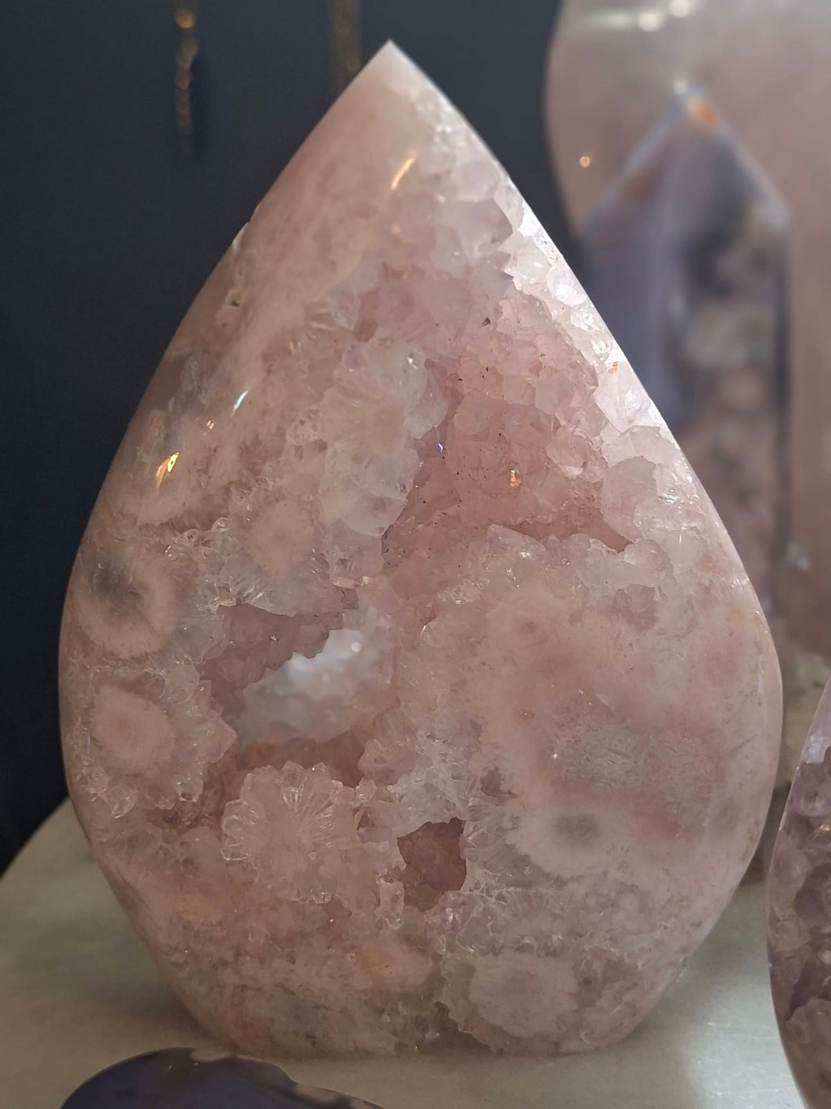 Pink Amethyst Flower Agate Flame Geode , ca. 590gram - 13.5x10cm