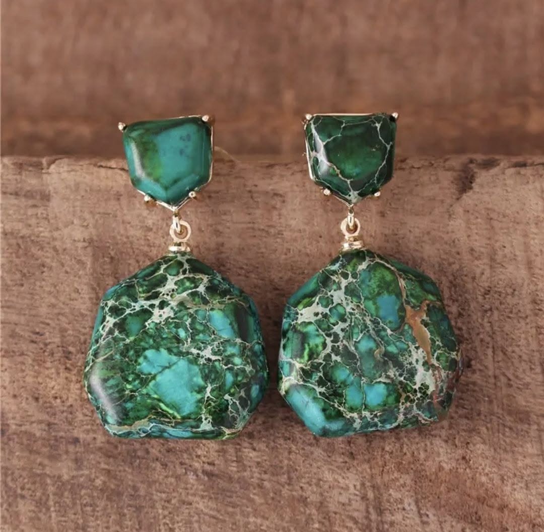 Nye, MICCI Design Bohemian Imperial Green Jasper Øredobber, Gold Plated