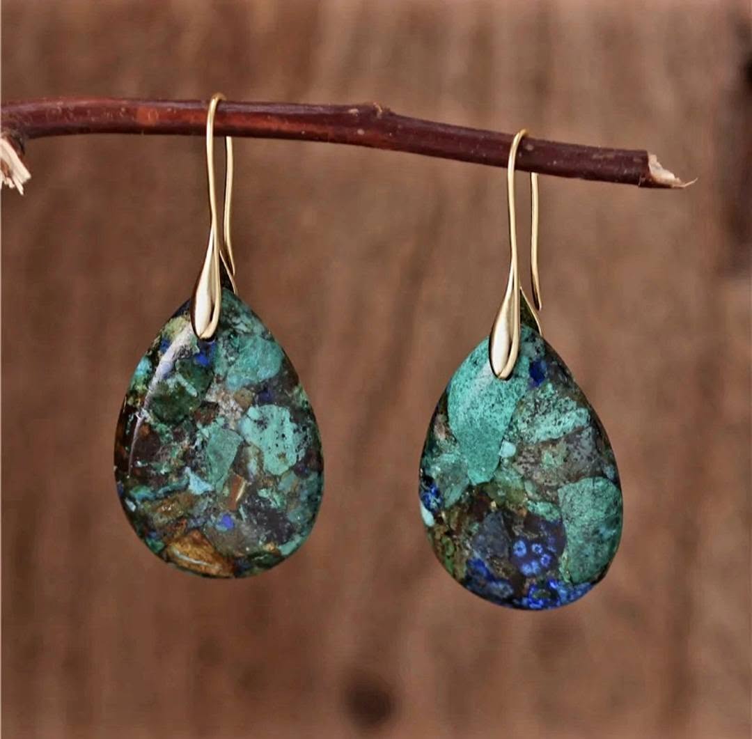Nye Classic Natural Chrysocolla Earring Teardrop Design, Gold Electroplated