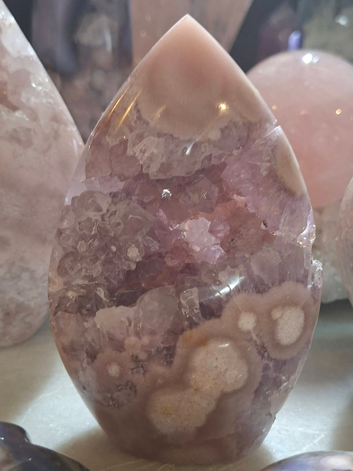 Pink Amethyst Cherry Blossom Agate flame Geode, 300gram, 11x7.5cm