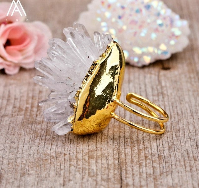 Lekker Angel Aura White Quartz Cluster Ring, Gold Electroplated, Justerbar