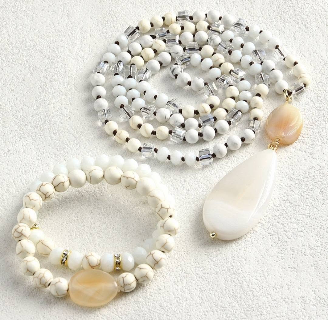 Nytt BOHEMIAN White AGATE Design Smykkesett ( Kjede, Armbånd )