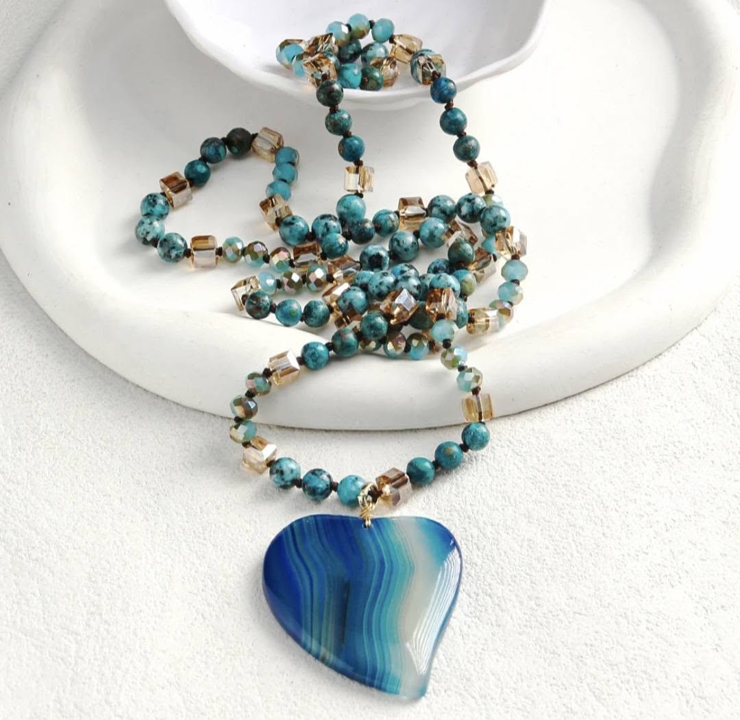 NEW LONG BOHEMIAN AGATE MALAKJEDE ( 80cm ) w/Heart, Blue