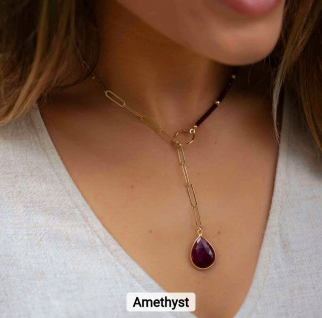 Natural Gemstone Amethyst Teardrop Shape Lariat Necklace, Gold Plated