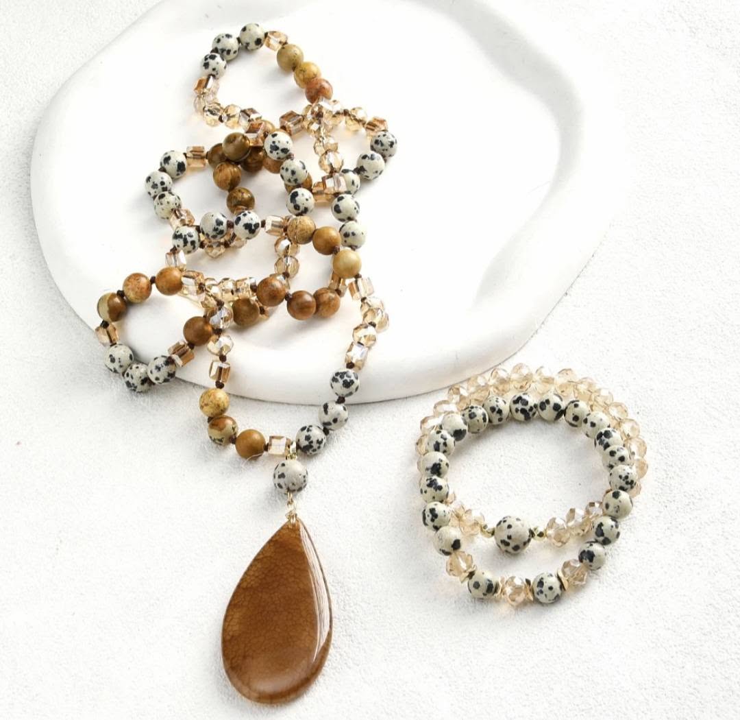 Nytt BOHEMIAN AGATE & Dalmantiner Design Smykkesett ( Kjede, Armbånd )