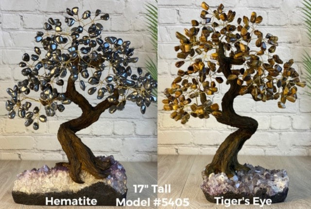 Vakre og eksklusive Feng Shui - Bonsai Lykketrær m/ ekte krystaller og Ametyst Clusterfot, ca. 43cm høy, Tigerøy, 8kg