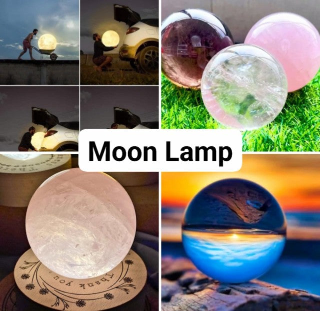 CRYSTAL ORB MOON LAMP , AAA Quality XL Large Size 85 - 100mm, Ledlysbase , Rosenkvarts, Selenitt, Røyk kvarts, Clear Q