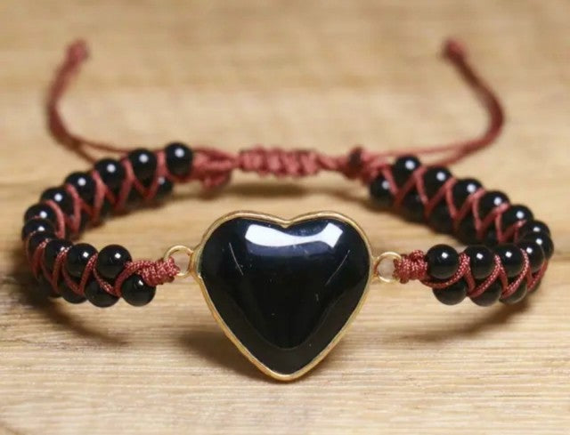 Enkle og vakre Chambhala 2 rader armbÅnd m/ Hjerteformet Sort Onyx Quartz sten og smÅ tilsvarende stener ( justerbart )
