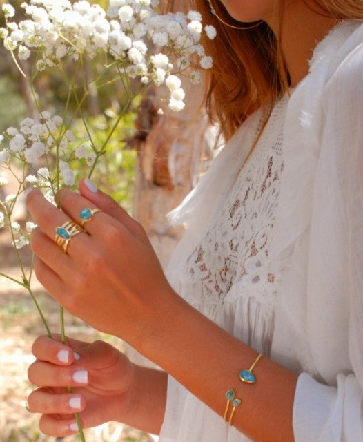 HÅndlaget, Designring med ovalformet Torquise Copper sten, 18 K Gold Electroplated.