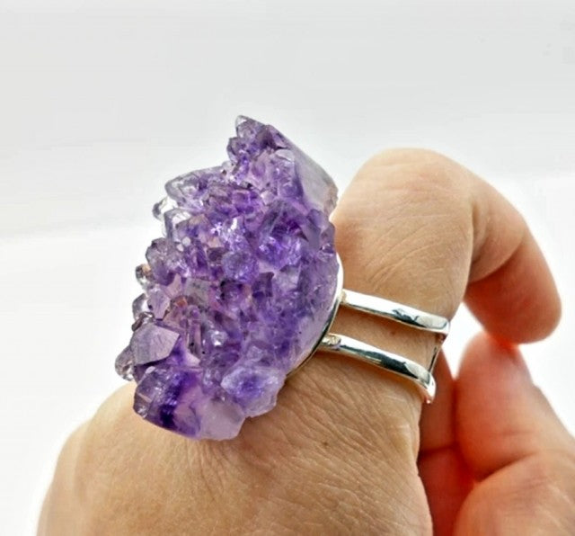 Enkel Ametyst RÅkrystall Rosett Silver Electroplated Ring, Justerbar