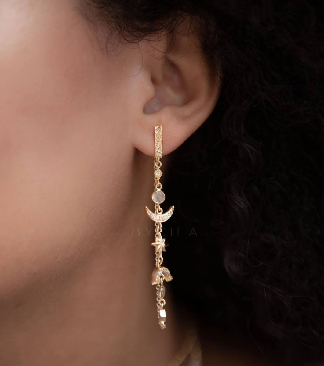 CILA "BLAIR" Earrings w/ Moonstone , Zirconia Stones, 18K Goldplated