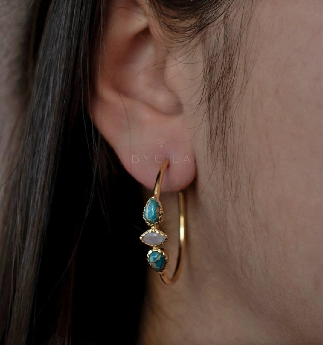 CILA "Little YEDA" Earrings w/ Moonstone , Turquoise Stones, 18K Goldplated