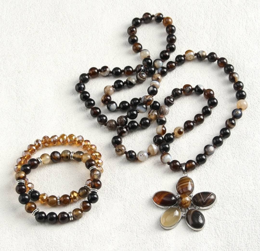 NEW LONG BOHEMIAN AGATE MALAKJEDE + ARMBÅND ( 80cm ) w/Flower, Brown