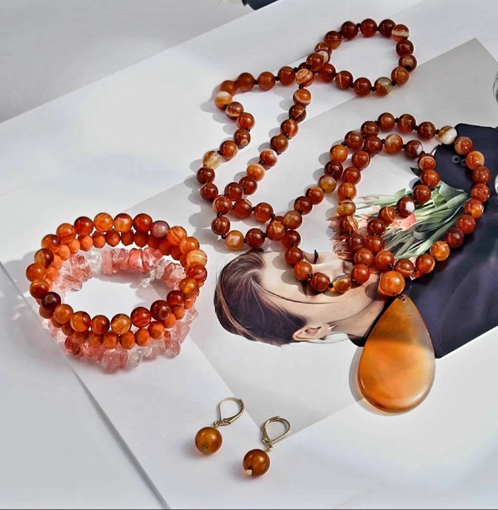 NEW LONG BOHEMIAN AGATE MALAKJEDE, ARMBÅND + ØREDOBBER ( 80cm ) w/Flower, Orange