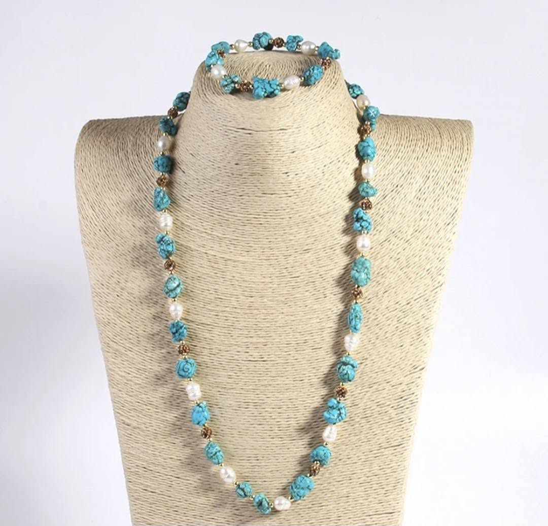 Vintage Ethnic Turquoise & Perle Necklace Bracelet Set, 60cm