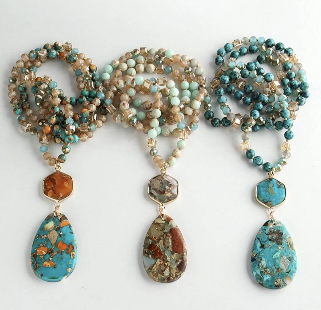 NEW LONG BOHEMIAN JASPER MALAKJEDE ( 80cm ) w/ Oval Pendant