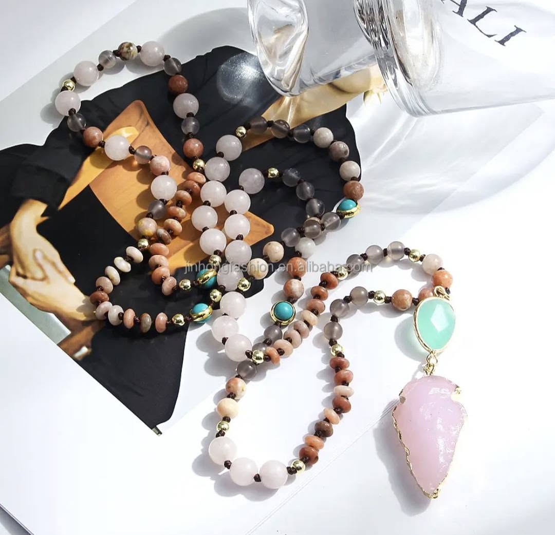 NEW LONG BOHEMIAN ROSE QUARTZ MALAKJEDE ( 80cm ) w/ Arrowhead Pendant