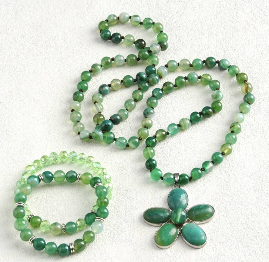 NEW LONG BOHEMIAN AGATE MALAKJEDE + ARMBÅND ( 80cm ) w/Flower, GREEN
