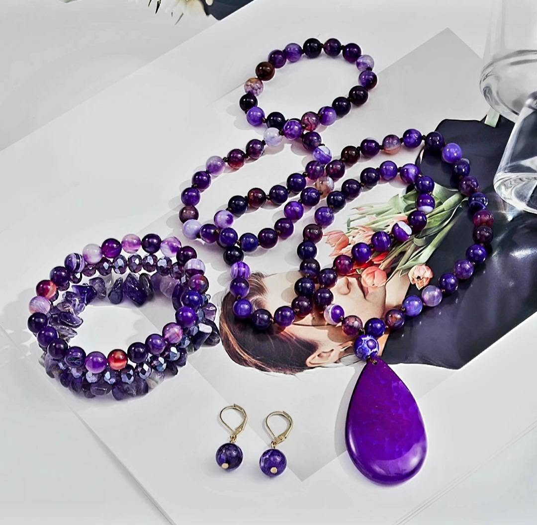 NEW LONG BOHEMIAN AGATE MALAKJEDE, ARMBÅND + ØREDOBBER ( 80cm ) w/Flower, Purple