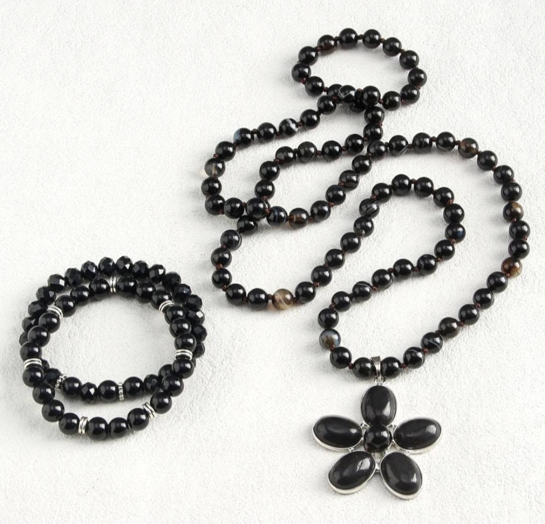 NEW LONG BOHEMIAN AGATE MALAKJEDE + ARMBÅND ( 80cm ) w/Flower, Black