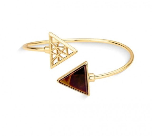 New 2025 Brazil Gem Tigers Eye Triangles 18k Gold Plated Cuff Bracelet w/ Natural Gemstones