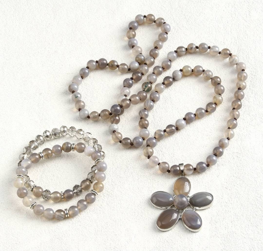 NEW LONG BOHEMIAN AGATE MALAKJEDE + ARMBÅND ( 80cm ) w/Flower, Grey