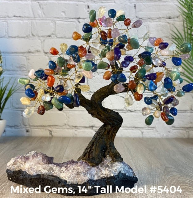 Vakre og eksklusive Feng Shui - Bonsai Lykketrær m/ ekte krystaller og Ametyst Clusterfot, 35cm høy, Mixed Quartz, 6kg