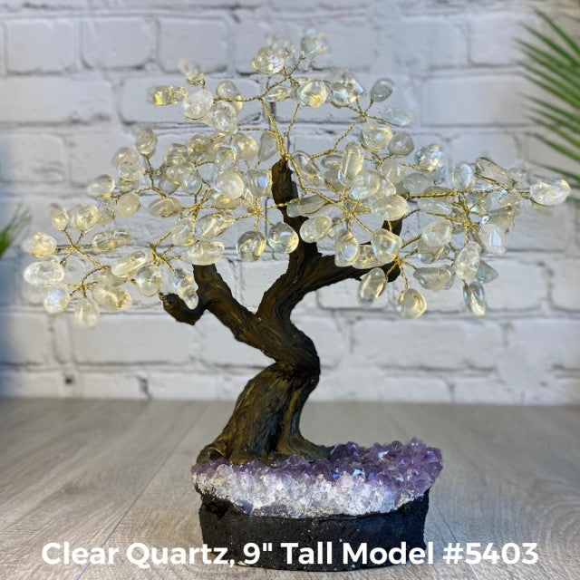 Vakre og eksklusive Feng Shui - Bonsai Lykketrær m/ ekte krystaller og Ametyst Clusterfot, 22cm høy, Clear Quartz, 2.5kg