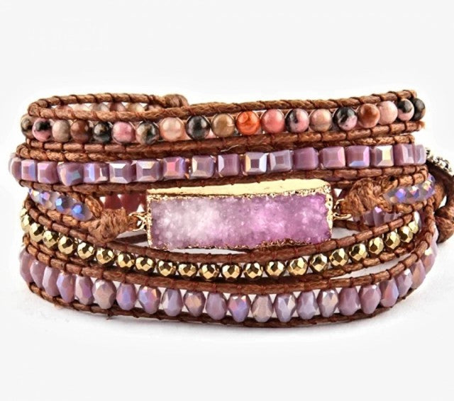 NYHET 2025 ! BOHO WRAP BRACELET 5 rader armbÅnd med Druzy Rosa/Lilla Quartz