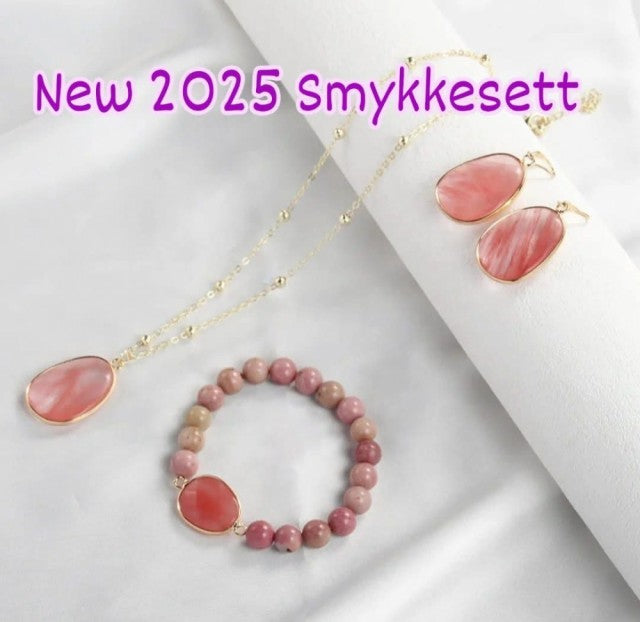 Nye 2025 Design Smykkesett ( Kjede, armbÅnd, øredobber ), Pink Agate