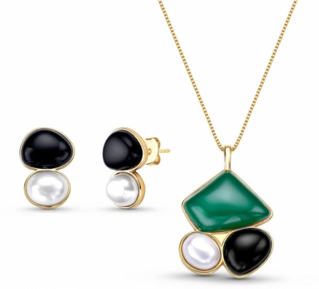 New 2025 Brazil Gem - 3 Stone Green Agate + Black Agate + White Shell Pearl 18K Gold Plated Necklace & Earring Set