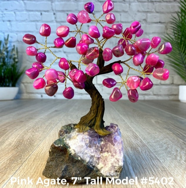 Vakre og eksklusive Feng Shui - Bonsai Lykketrær m/ ekte krystaller og Ametyst Clusterfot, ca. 17cm høy, Rosa - Lilla Ag