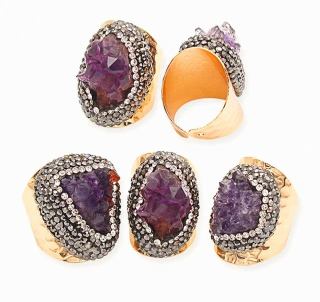 Ny og Trendy Ametyst & Rhinestone glitterstener , Gold electroplated, Justerbar