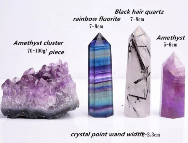 Krystallsett med 3 TÅrnkrystaller ( Ametyst, StrÅKvarts og Fluoritt ) og Ametyst Cluster.