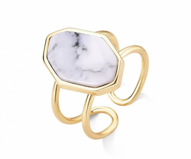 2025 Brazil Gem 18K Gold Plated Cuff Ring w/ Natural White Howlite Gemstone
